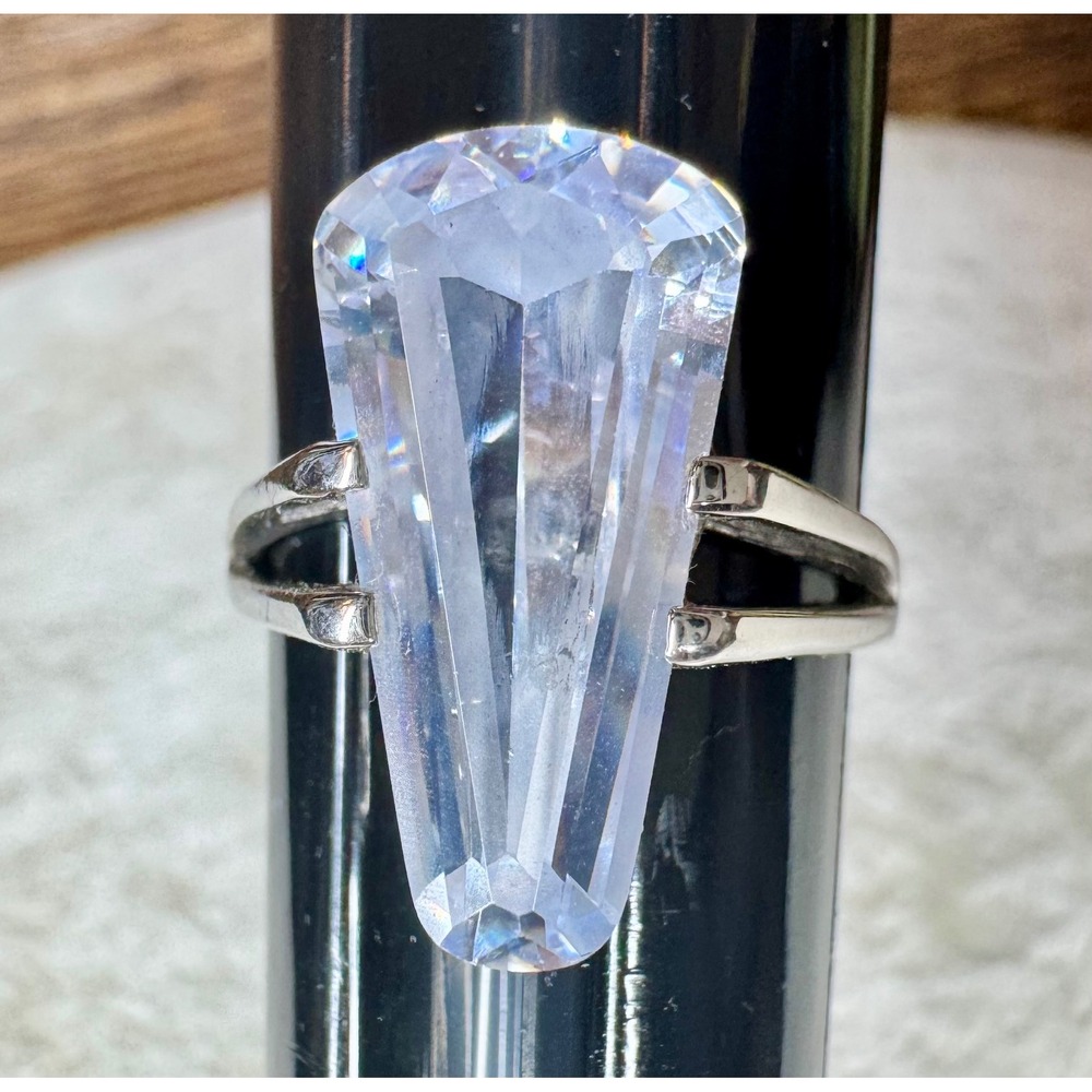 Sterling Silver 925 Large Coffin Cut Clear Stone Gothic Statement Ring Size 9.75